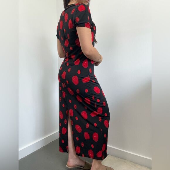 Vintage 90’s Black & Red Fruit Print Short Sleeve Body Con Maxi Slip Dress M - Picture 7 of 7